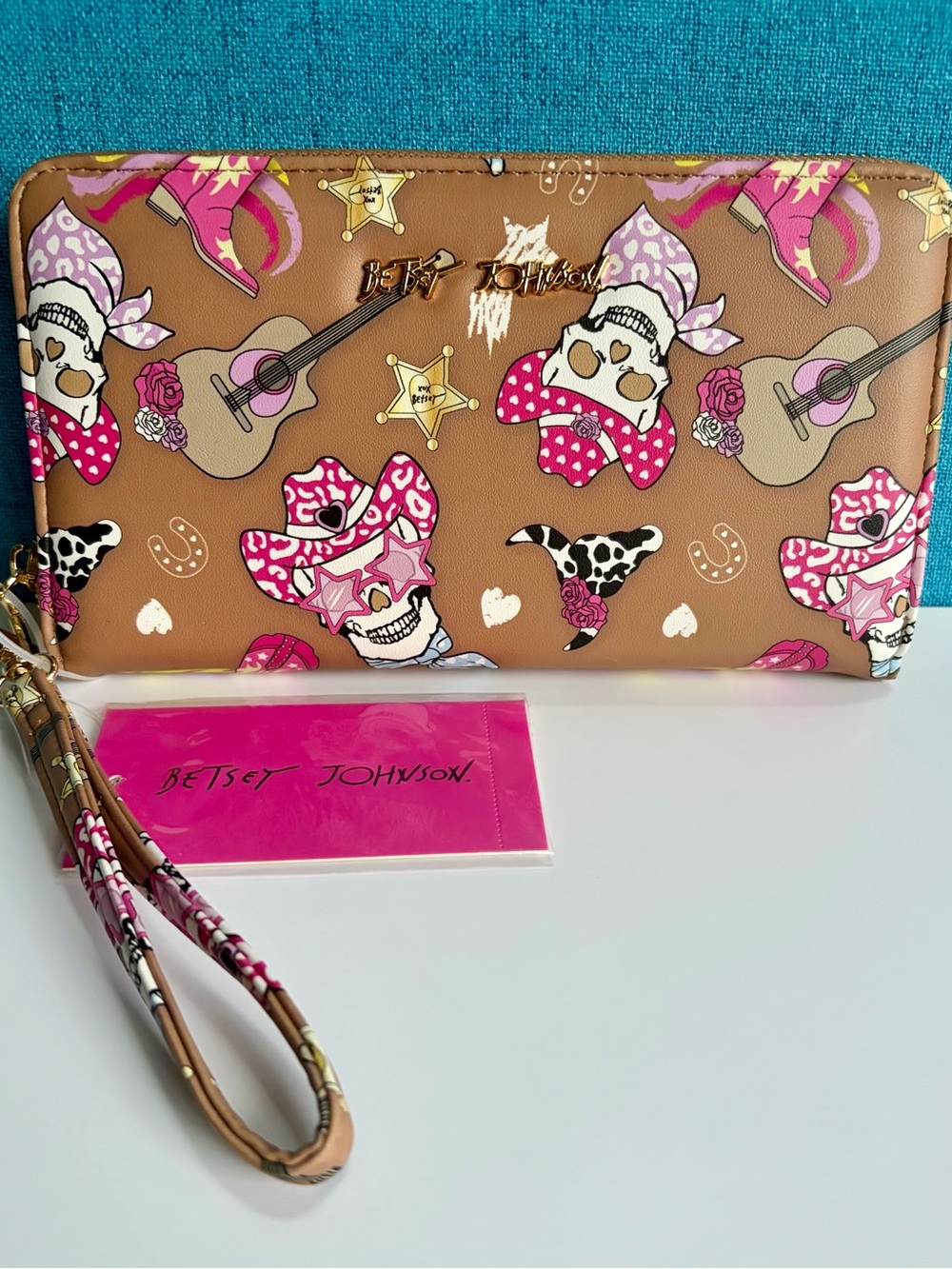 Betsey Johnson Tan Wristlet Wallet with Pink Cowgirl Skull Print